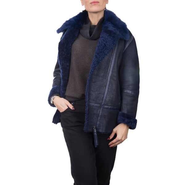 Shearling Fur Intarsia Jacket Electric Blue