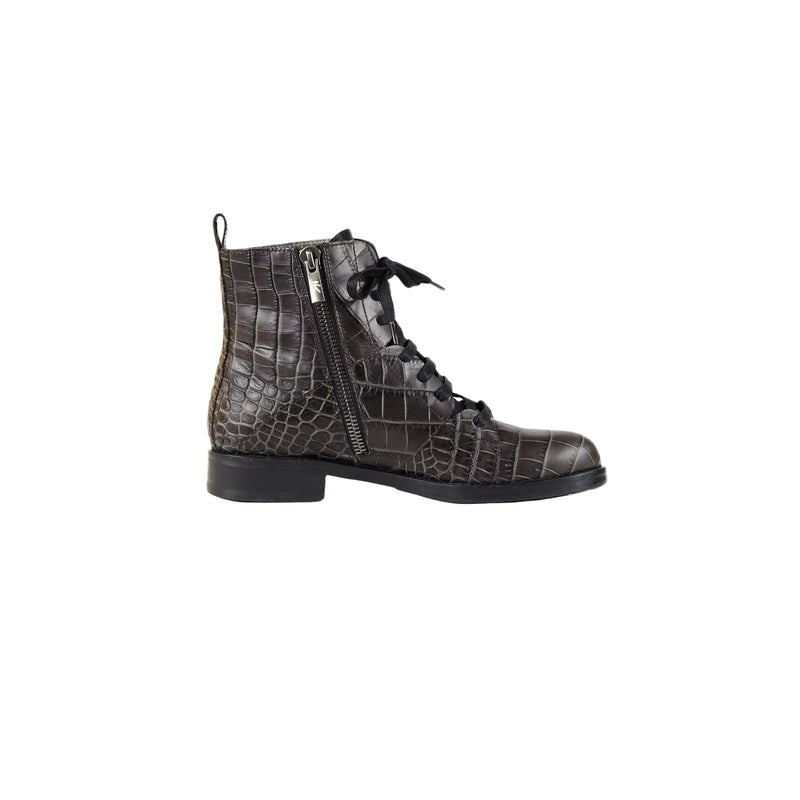 Printed Croco Lace-Up Bootie Brown