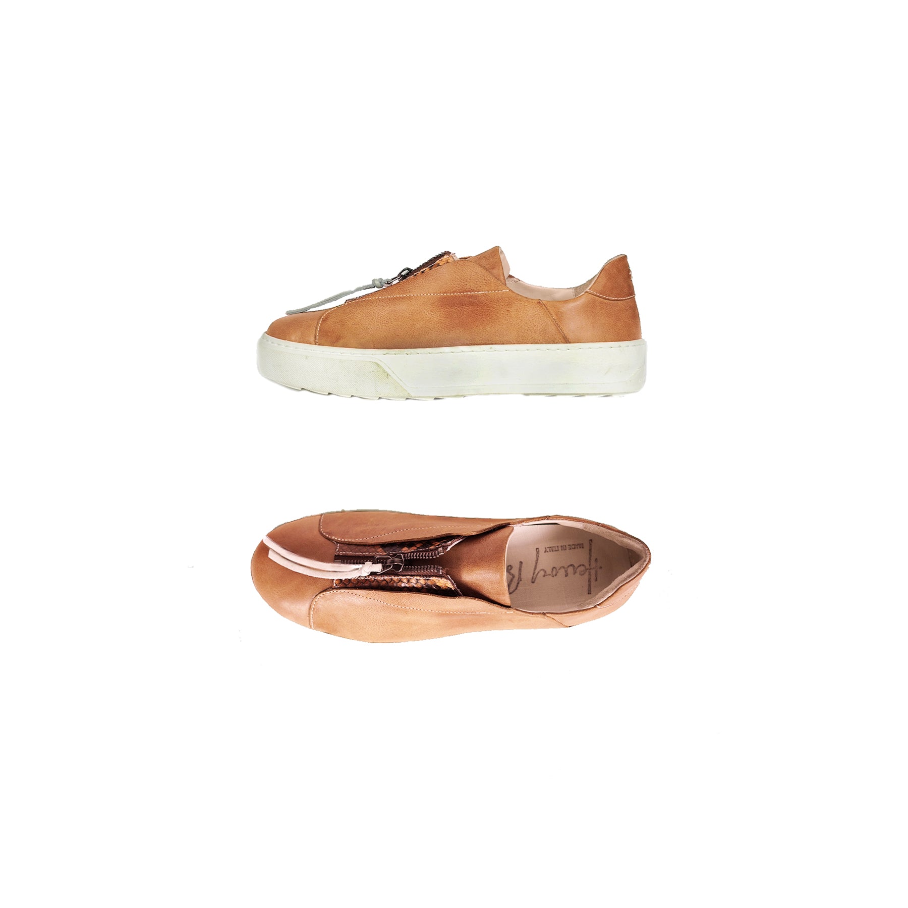 Sneaker Zip Sbiancato Cognac